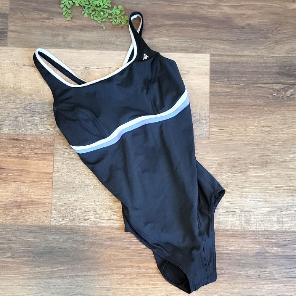 Aqua Sphere Black One-Piece Swimsuit with Blue and White Accents Size 40 ( XL )